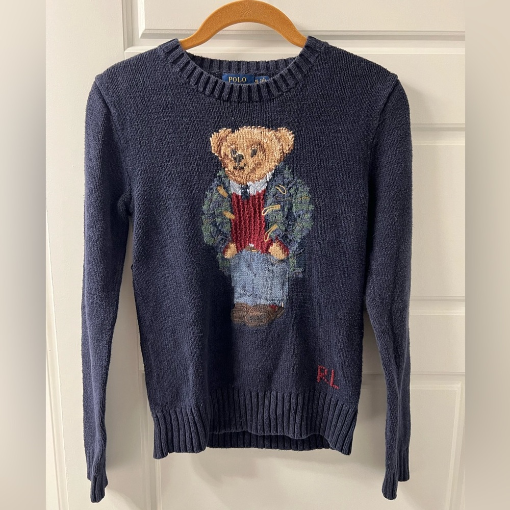 Vintage Polo Bear Ralph Lauren Linen Cotton Toggle Coat Preppy Sweater Rare XS
